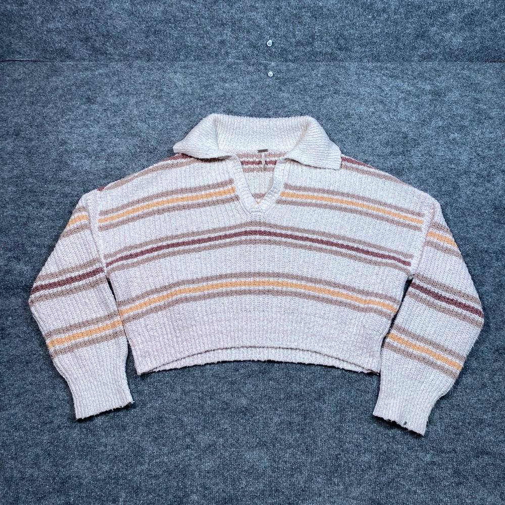 Free People Striped Boucle Cropped Polo Sweater Cream Tan Orange Brown V-Neck